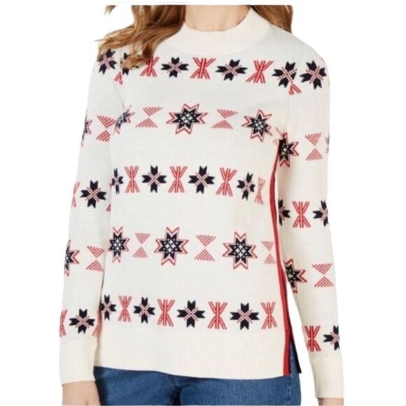 Charter Club Mock Neck Snowflake Pullover Sweater Size XL Ivory Blue and Red - Picture 2 of 7